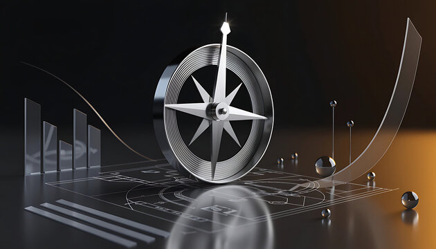 Metallic Compass On Blueprint With Bar Charts And Spheres navigation direction