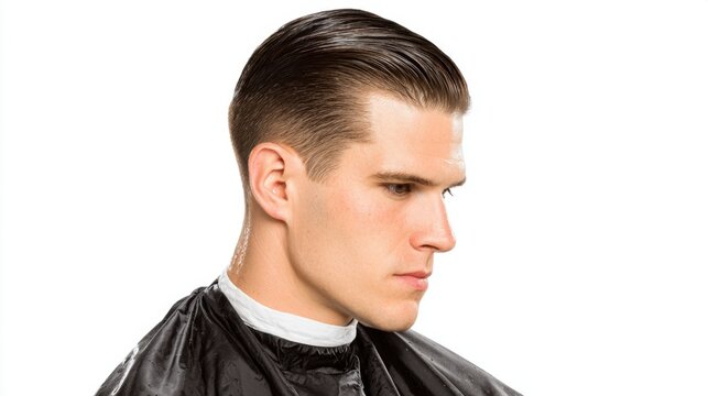 Stylish Profile Portrait of a Young Man with Sleek Haircut and Barber Cape Ready for Hair Styling Session