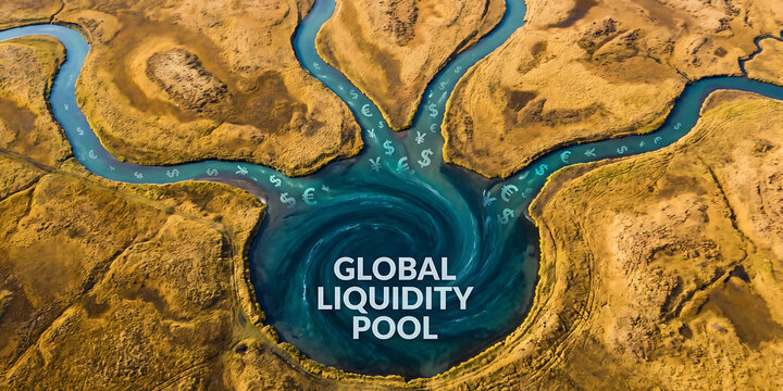 Global liquidity pool vortex with river streams flowing into central whirlpool filled with international currency symbols for finance and economics data.