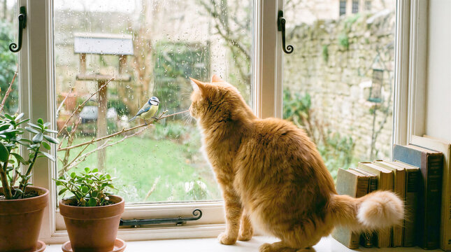 Orange cat watching birds from a window with potted plants nearby  