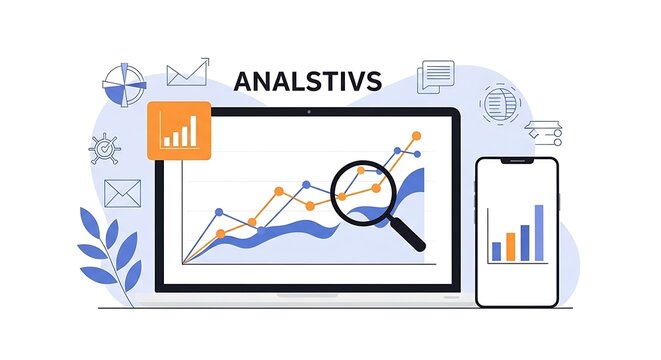 Digital illustration of analytics dashboard on laptop and smartphone with charts, graphs, and data visualization icons representing business intelligence and technology trends.