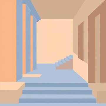 Minimalist architectural hallway with blue stairs