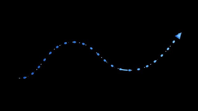 Animated blue dotted arrow path following a wavy trajectory on transparent background