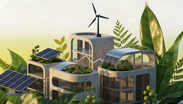 Sustainable Eco- Friendly Buildings with Solar Panels and Wind Turbine eco-friendly green