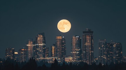 Fototapeta premium Stunning Full Moon Illuminating City Skyline at Night with Modern Skyscrapers and Calm Atmosphere