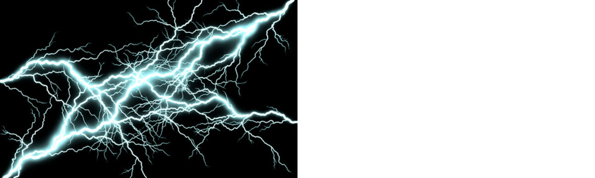 Electric lightning strike on black background, bright glowing discharge, high voltage power energy, abstract thunder isolated on transparent background