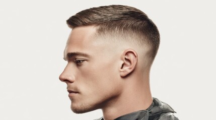 Naklejka premium Stylish Male Haircut with Clean Sides and Textured Top in Profile View Against a Neutral Background
