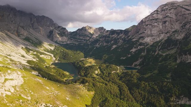 High aerial view of Skrcka Valley showing Skrcko Lakes and Bobotov Kuk peak in Durmitor National Park, Montenegro