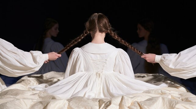 Helpers braiding a woman: fashion editorial still