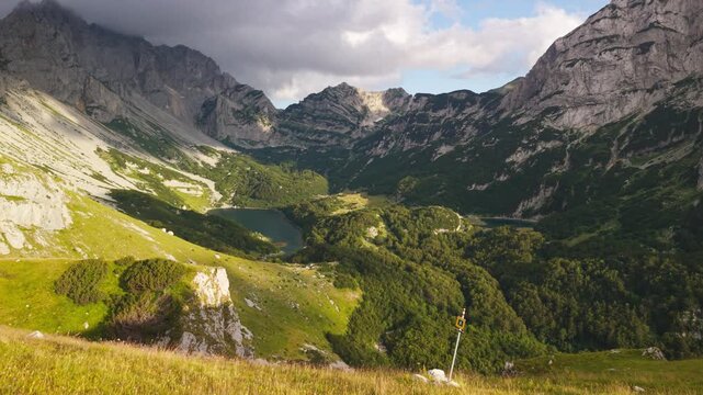 High aerial view of Skrcka Valley showing Skrcko Lakes and Bobotov Kuk peak in Durmitor National Park, Montenegro