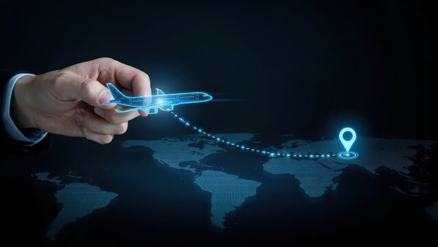 A hand holding a holographic airplane icon over a digital world map to indicate flight path and travel planning. It illustrates global logistics connectivity.