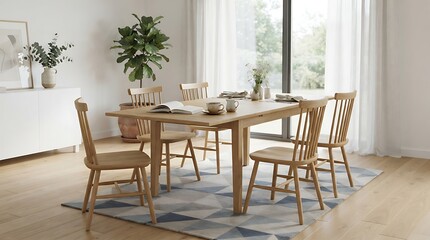 Obraz premium Modern Light Oak Dining Table Set with Six Spindle Back Chairs