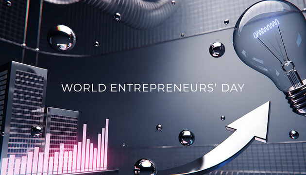 World Entrepreneurs Day concept with glowing light bulb and upward arrow graph entrepreneurship business