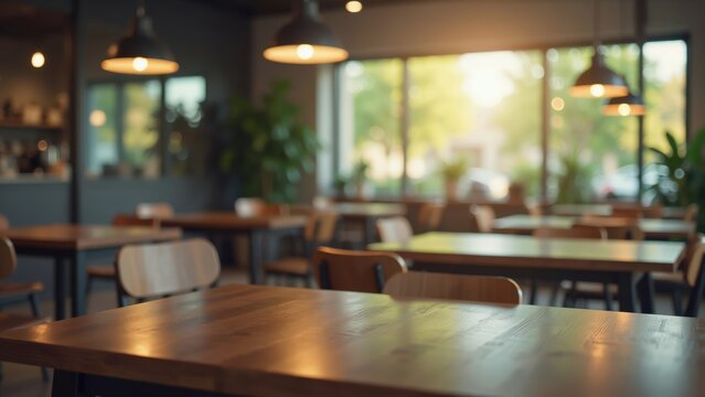 Blurred interior of a modern coffee shop with warm lighting and wooden tables. Use this background for restaurant marketing or hospitality design concepts.