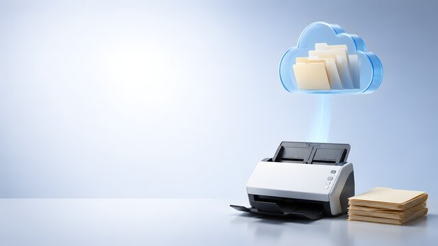 Scanner uploads documents to glowing cloud with folders