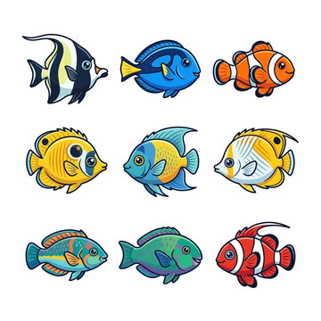 Collection of Colorful Tropical Reef Fish Illustrations Isolated on a Clean White Background