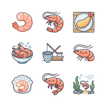 A Collection of Colorful Vector Shrimp Icons Featuring Culinary and Marine Seafood Illustrations