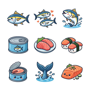 Cute Tuna Fish Collection Vector Illustration Showing Marine Life Food and Seafood Products