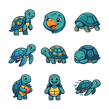 Set of Cute Cartoon Turtle Illustrations Showing Various Actions and Expressions on White Background