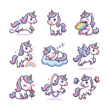 Collection of Cute Cartoon Unicorn Characters in Various Playful Poses and Activities Illustration