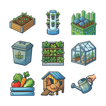 Set of Sustainable Urban Farming and Home Gardening Icons Illustrating Modern Food Production Methods