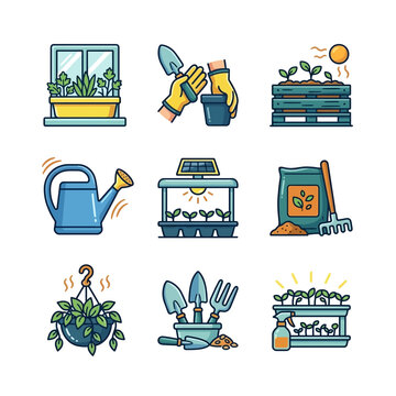 Set of gardening equipment and plant cultivation vector icons for hobby activities