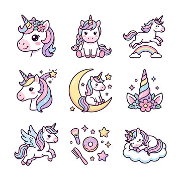 Cute Cartoon Unicorn Character Collection Featuring Magical Fantasy Creatures and Whimsical Elements