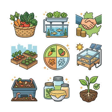 Set of Sustainable Farming and Eco-Friendly Agriculture Icons Featuring Organic Harvests and Systems