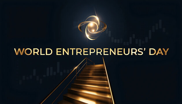 World Entrepreneurs Day golden text and ascending stairs with abstract background entrepreneurship business