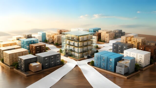 Miniature filing cabinet city with glass central building