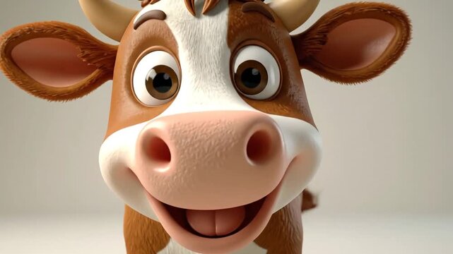A cute cartoon cow stands against a soft neutral background