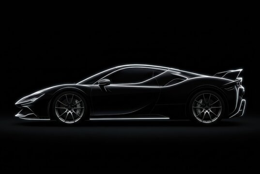 Futuristic Sports Car Silhouette with Glowing White Outlines on a Dark Background - Luxury Automotive Design Concept