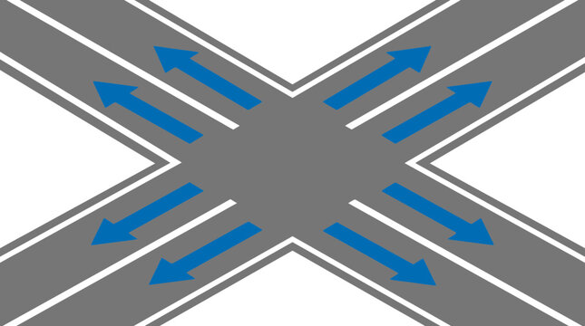 Top view crossroads intersection with traffic direction arrows for road navigation and transport routing concept