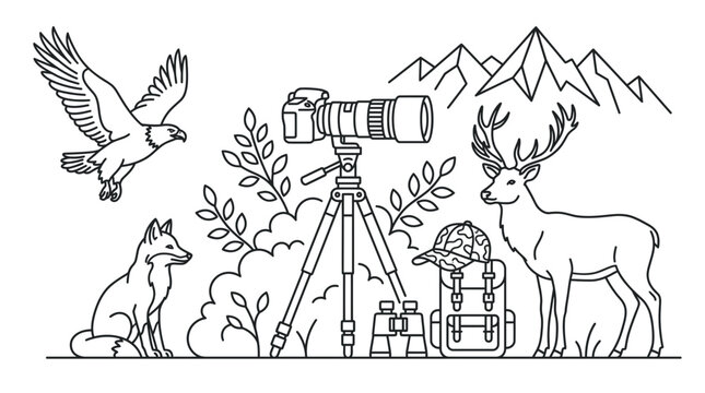 Wildlife photography gear with camera on tripod and wild animals in nature line art