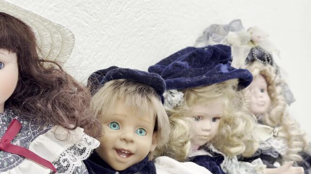 Slow pan from left to right across four collectible porcelain figurines, highlighting their elegant clothing, expressive faces and exceptional handcrafted details.