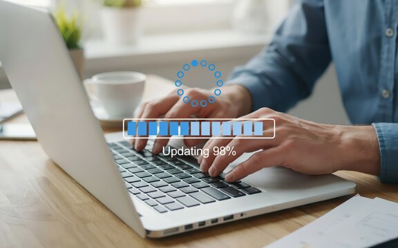 A man working on a laptop computer with an updating status bar displayed on the screen. Use this to illustrate software installation or digital system upgrades.