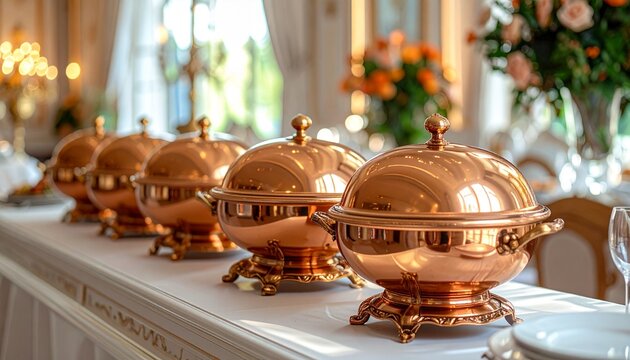 "Elegant buffet with copper chafing dishes symbolizing opulence, tradition, and refined dining visualization."