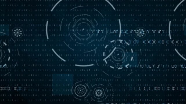 Loopable futuristic background with glowing binary numbers and rotating interface elements for a high-tech data visualization concept