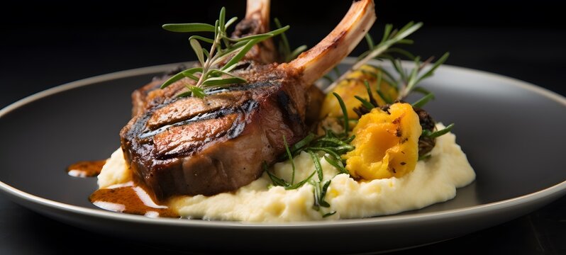 A fine dining plate featuring gourmet rack of lamb chops plated to perfection with crispy goat cheese polenta,generative AI