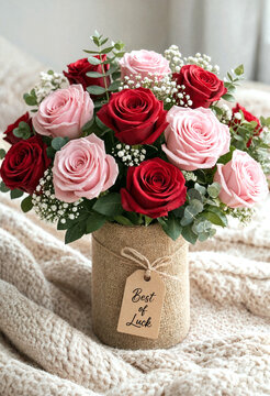 Beautiful bouquet of pink and red roses with best of luck tag in burlap vase on cozy blanket