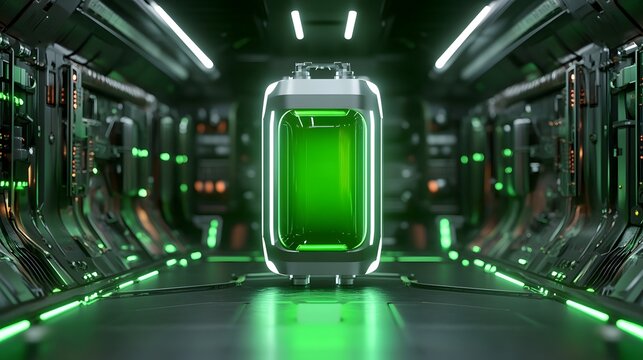 Futuristic Sci-Fi Corridor with Glowing Green Energy Container Pod in Spaceship Hallway