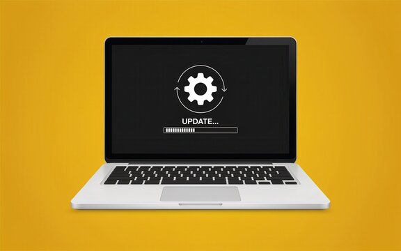 Laptop computer updating software process bar on yellow background. Software installation and system upgrade concept.