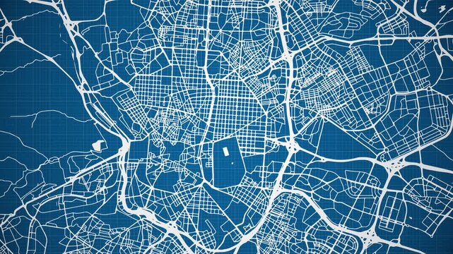 Ink reveal animation of Madrid city, Spain (Espa&ntilde;a), grid map. Aerial top view. Blueprint style. White lines with blue background. 4K Seamless loop.
