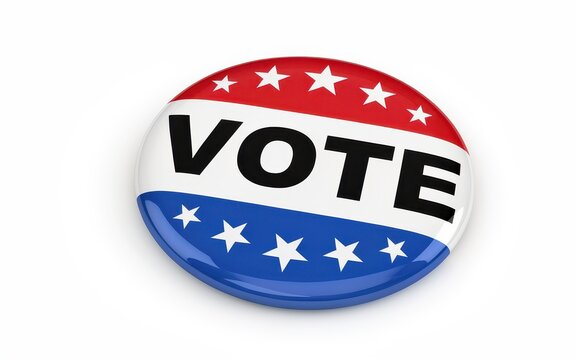 A circular pin badge with Vote text, red, white, and blue stars isolated on white background. This represents election campaigns and political civic engagement concepts.