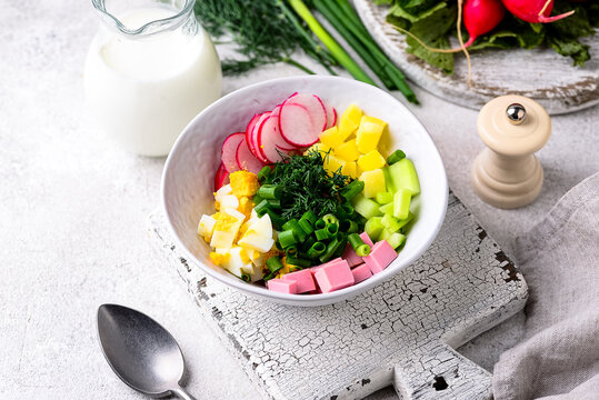 Ingredients for okroshka summer cold soup with radish and ayran