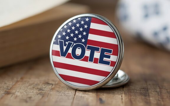 A circular campaign button featuring an American flag design and the word VOTE sits on a rustic wooden table. Ideal for political and election concepts.