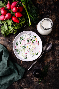 Okroshka traditional summer Russian cold soup with radish and ayran