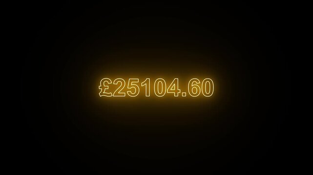 Yellow neon British pound currency counter animation rising on black background