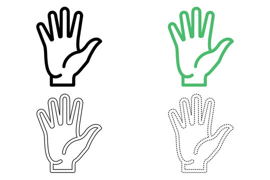 Open hand palm icon set featuring black green solid outline and dashed stroke styles for ui web design.