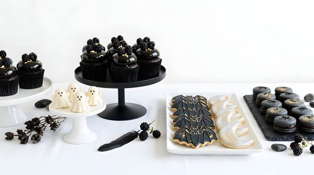 Elegant display of black gourmet cupcakes and chocolate desserts arranged on a white table for a party